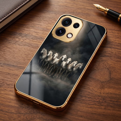 Oppo Reno 16C 5G Running Horses Gold Electroplated Glass Phone Back Case