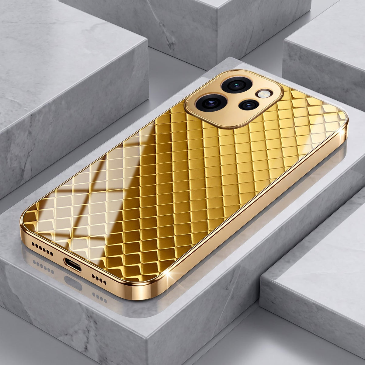 Oppo Reno 15 Pro Mini 5G Golden Criss Cross Gold Electroplated Glass Phone Back Case