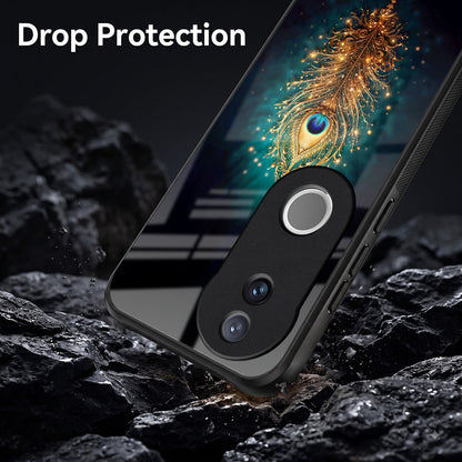 Vivo V50 5G Golden Peacock Feather Acrylic Glass Back Case