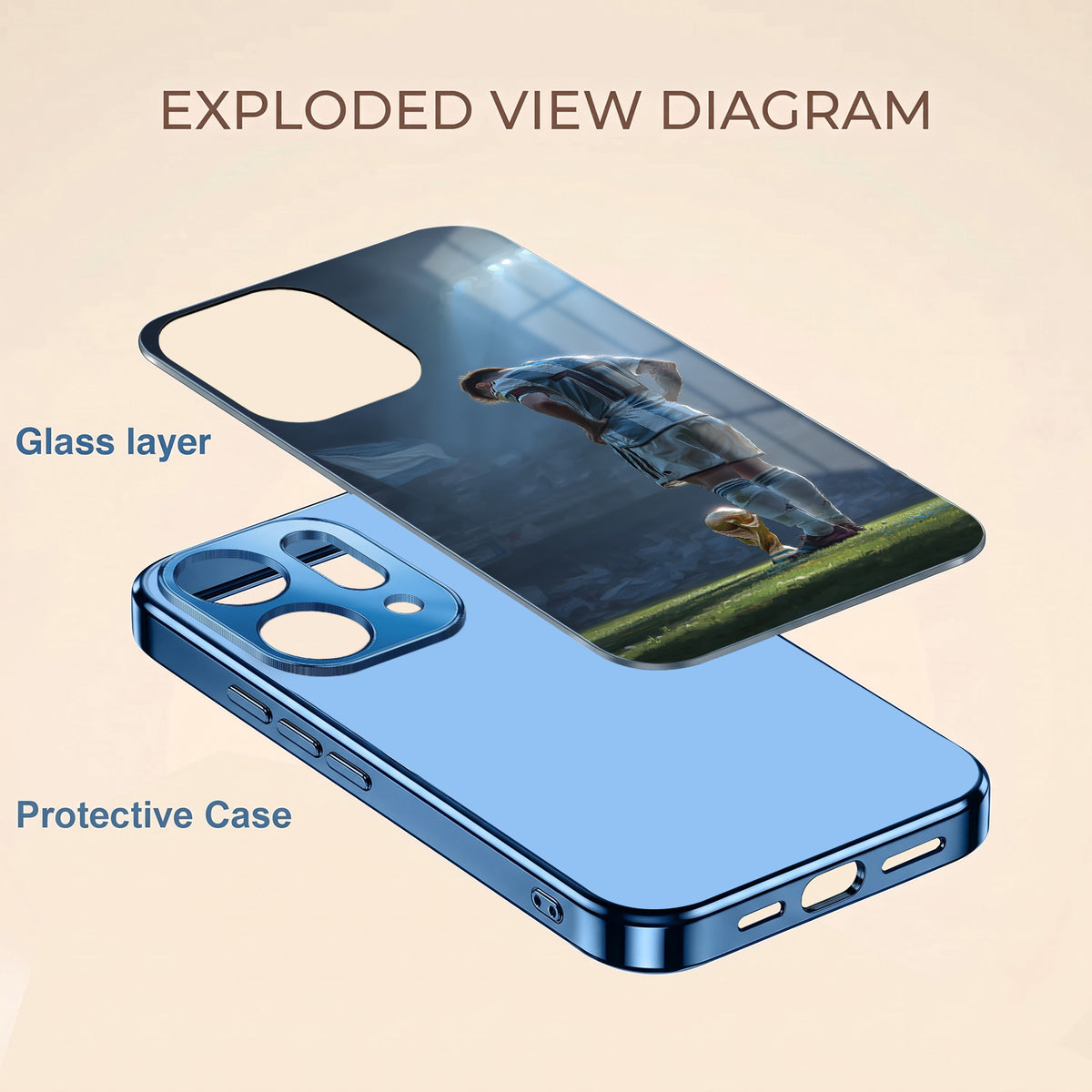 Oppo Reno 14 5G Football Champion Blue Electroplated Glass Phone Back Case