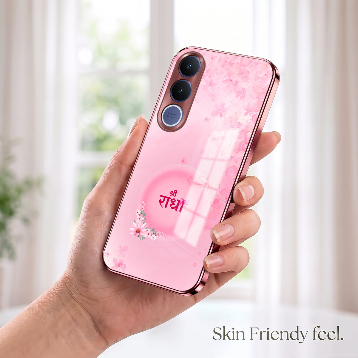Vivo V70 FE 5G Luxury Shree Radha Pink Electroplated Glass Phone Back Case