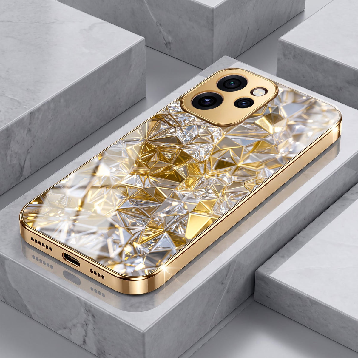 Oppo Reno 15 Pro Mini 5G White Diamond Shatter Gold Electroplated Glass Phone Back Case