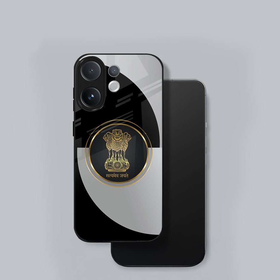 Phone case with a central emblem on a gray background
