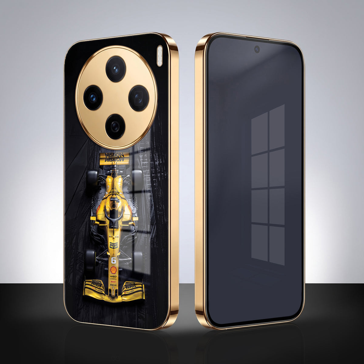 Vivo X200 5G F1 Racing Car Gold Electroplated Glass Phone Back Case