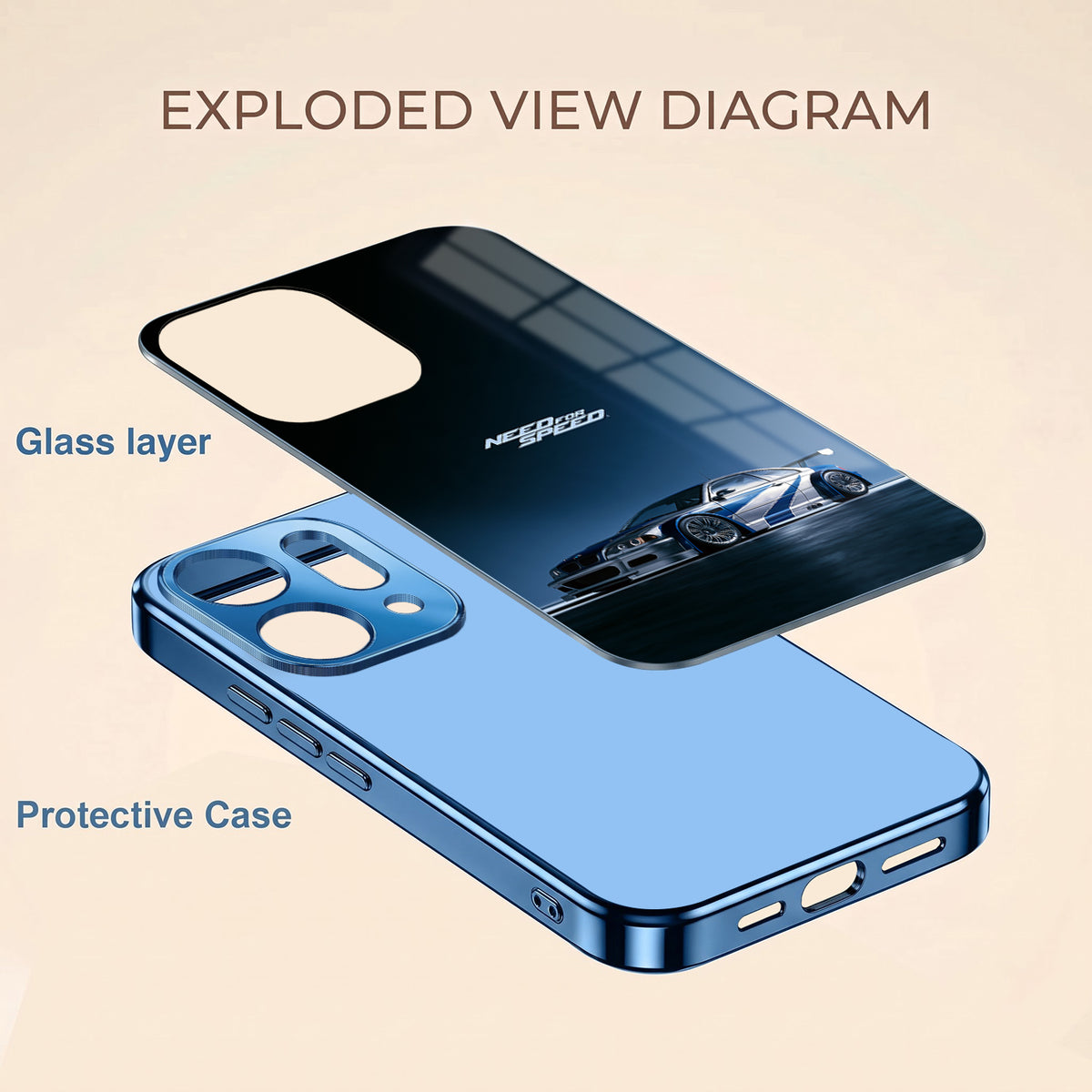 Oppo Reno 14 5G Need For Speed Blue Electroplated Glass Phone Back Case