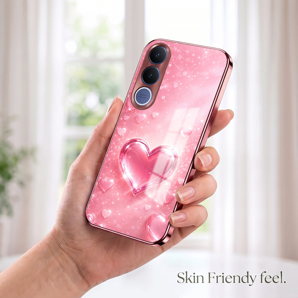 Vivo V70 FE 5G Luxury 3D Jelly Heart Pink Electroplated Glass Phone Back Case
