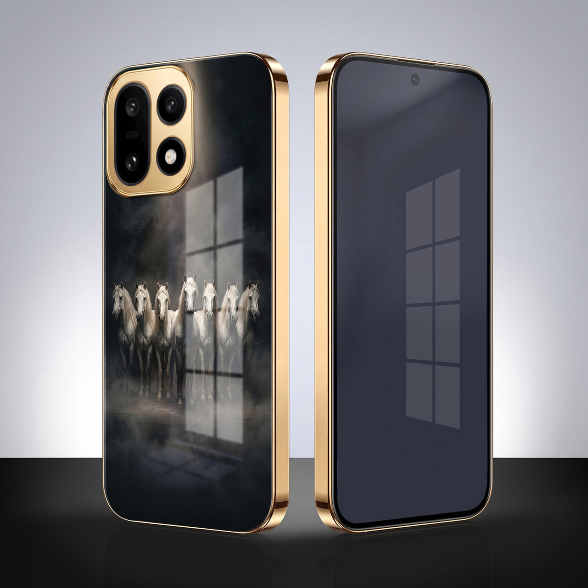 OnePlus 15 5G Running Horses Gold Electroplated Glass Phone Back Case