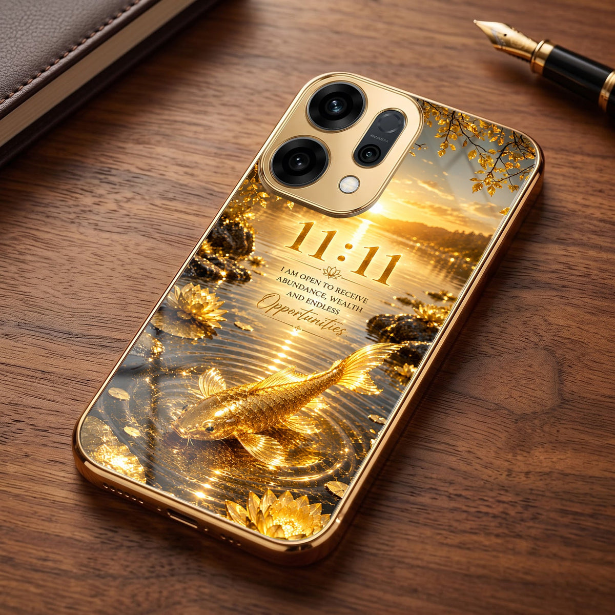 Oppo Reno 14 5G 11:11 Manifestation Gold Electroplated Glass Phone Back Case