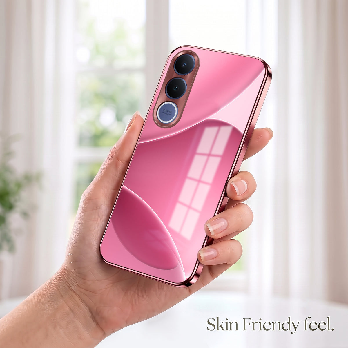 Vivo V70 FE 5G Luxury Glossy Wave Pink Electroplated Glass Phone Back Case