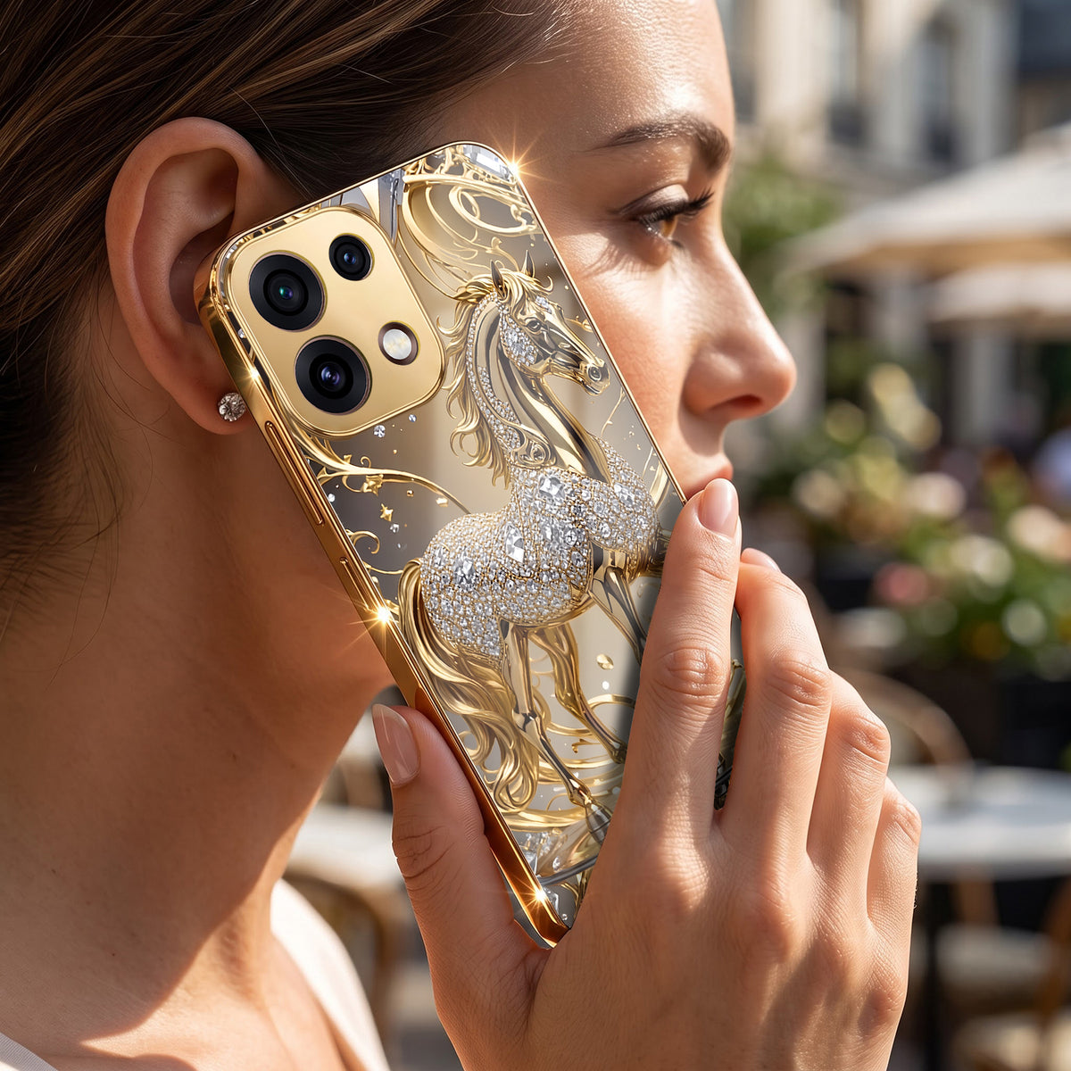 Oppo Reno 16C 5G Luxury Horse Texture Gold Electroplated Glass Phone Back Case