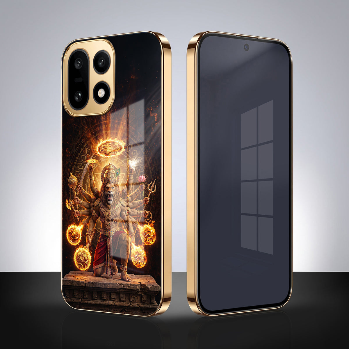 OnePlus 15 5G Lord Narasimha Gold Electroplated Glass Phone Back Case