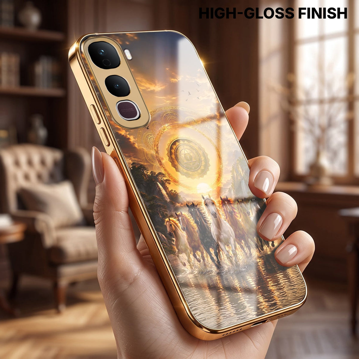 Vivo Y400 Pro 5G Celestial Seven Horses Gold Electroplated Glass Phone Back Case
