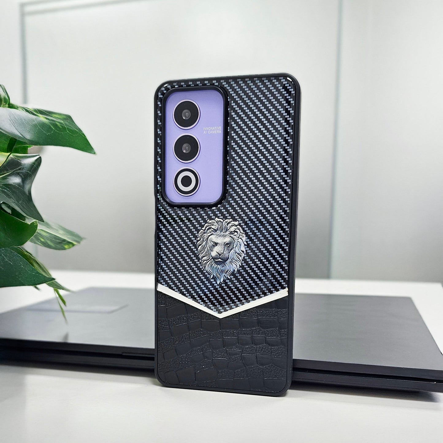 Oppo A3 Pro 5G Luxury Lion Pattern Leather And Liquid Silicone Case
