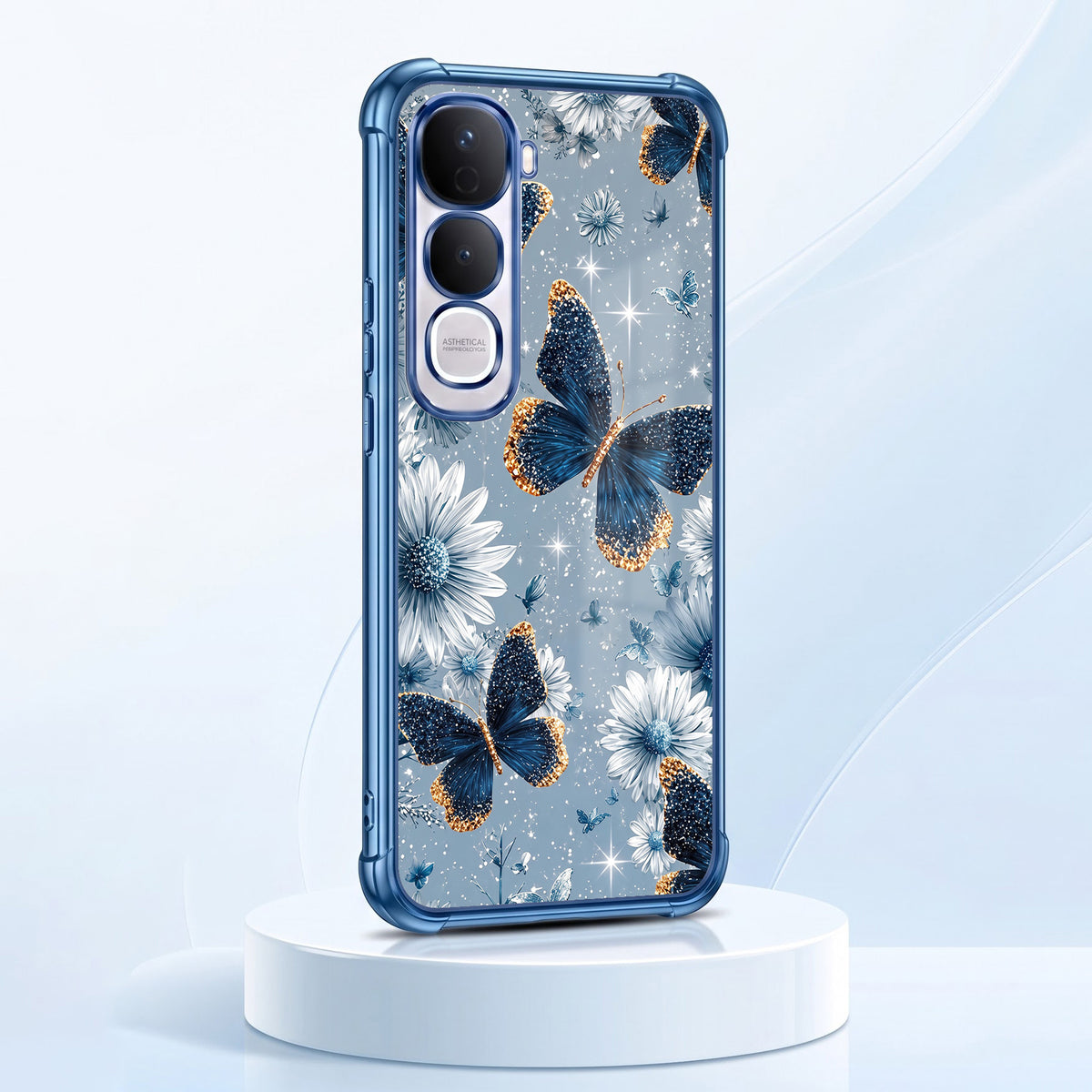 Vivo Y400 Pro 5G Blue Butterfly Floral Airbags Printed Back Case