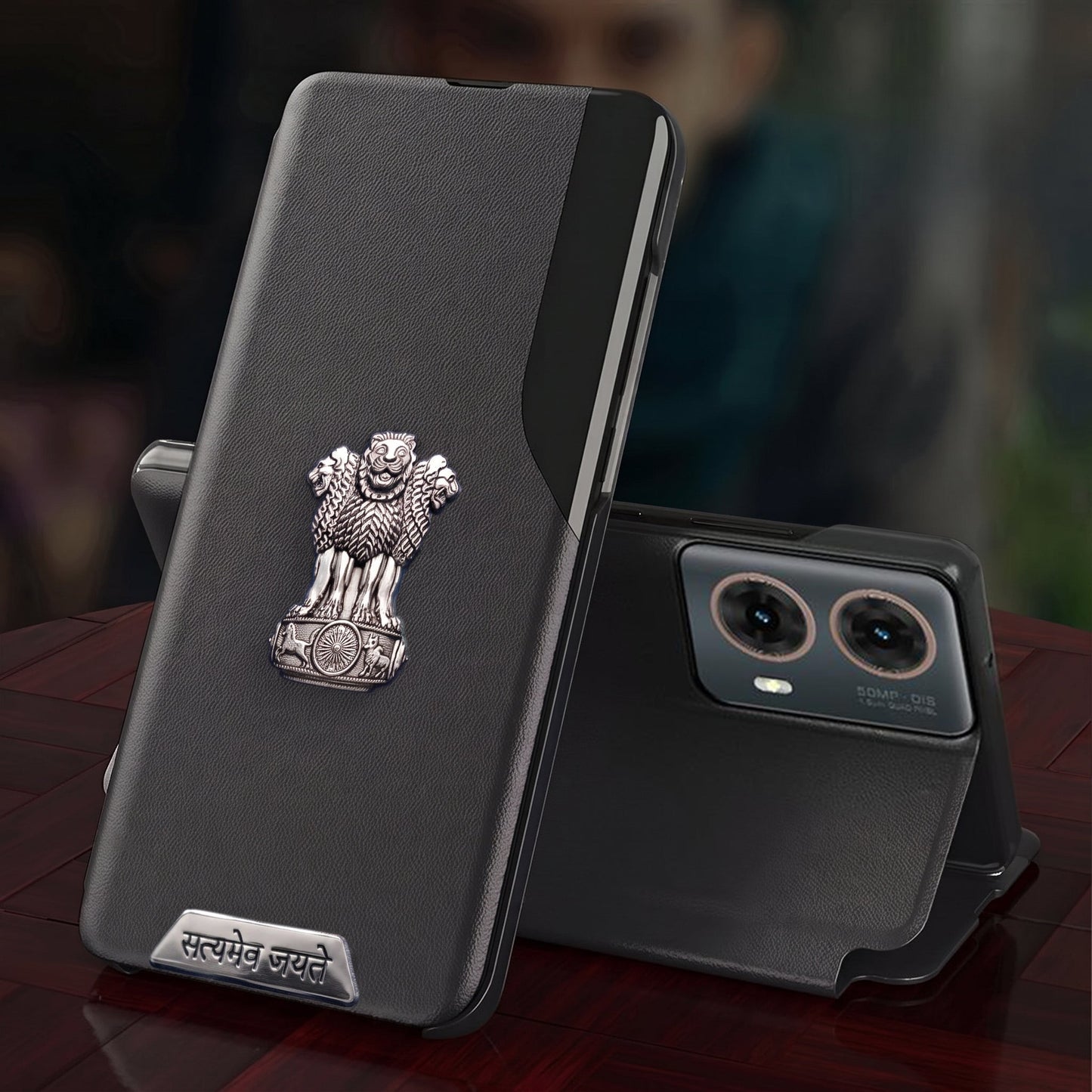 Motorola Edge 50 Fusion 5G Metal Satyamev Jayate 2-in-1 Emblem Half-Window Leather Flip Case