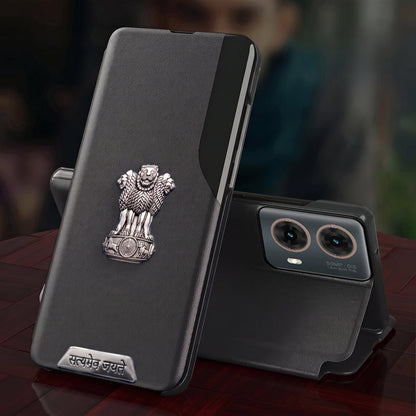 Motorola Edge 50 Fusion 5G Metal Satyamev Jayate 2-in-1 Emblem Half-Window Leather Flip Case