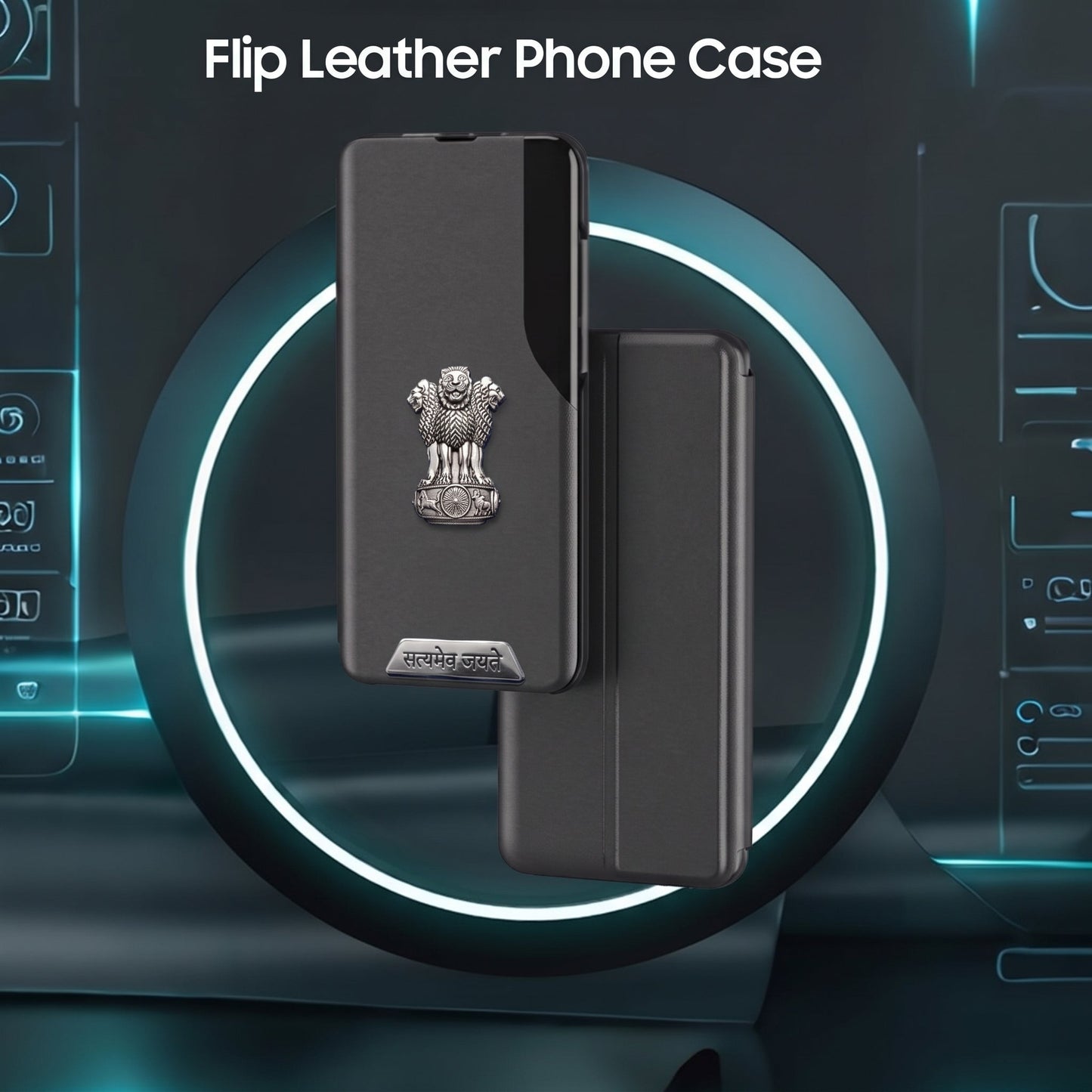 Motorola Edge 50 Fusion 5G Metal Satyamev Jayate 2-in-1 Emblem Half-Window Leather Flip Case