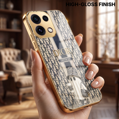 Oppo Reno 16C 5G Luxury Dior Gold Electroplated Glass Phone Back Case