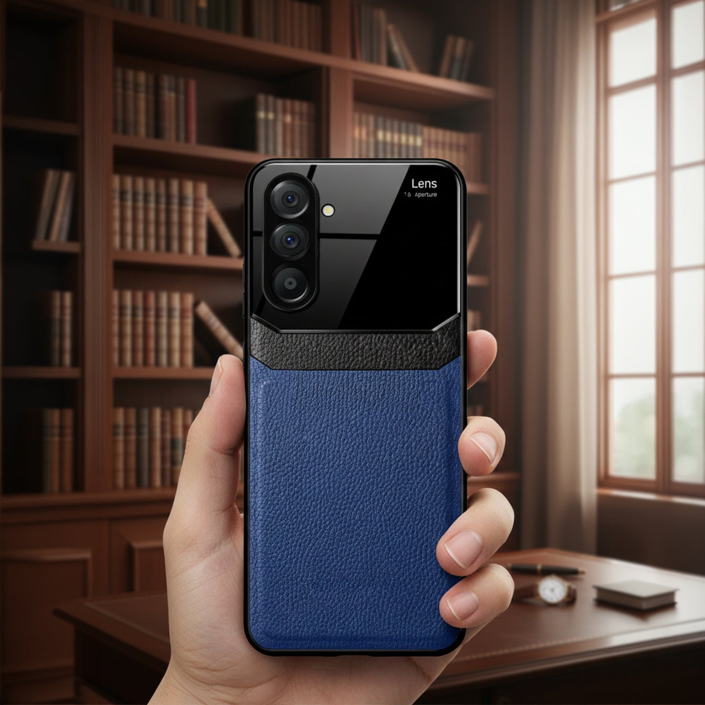 Hand holding a Samsung Galaxy A56 5G smartphone with a blue leather case in front of a bookshelf.