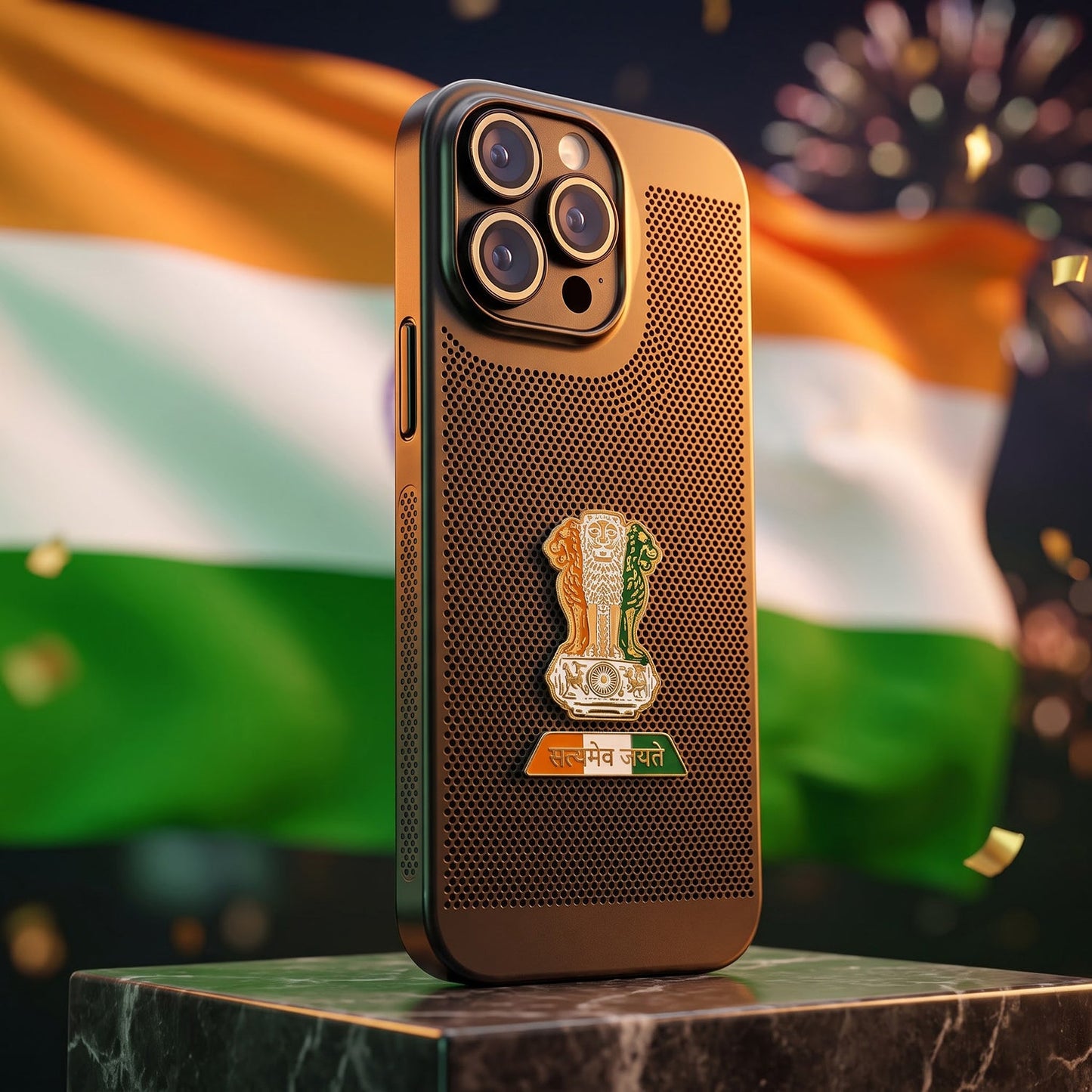 iPhone 14 Pro Max 5G Tri-Color Satyamev Jayate Mesh Electroplated Heat Dissipation Case