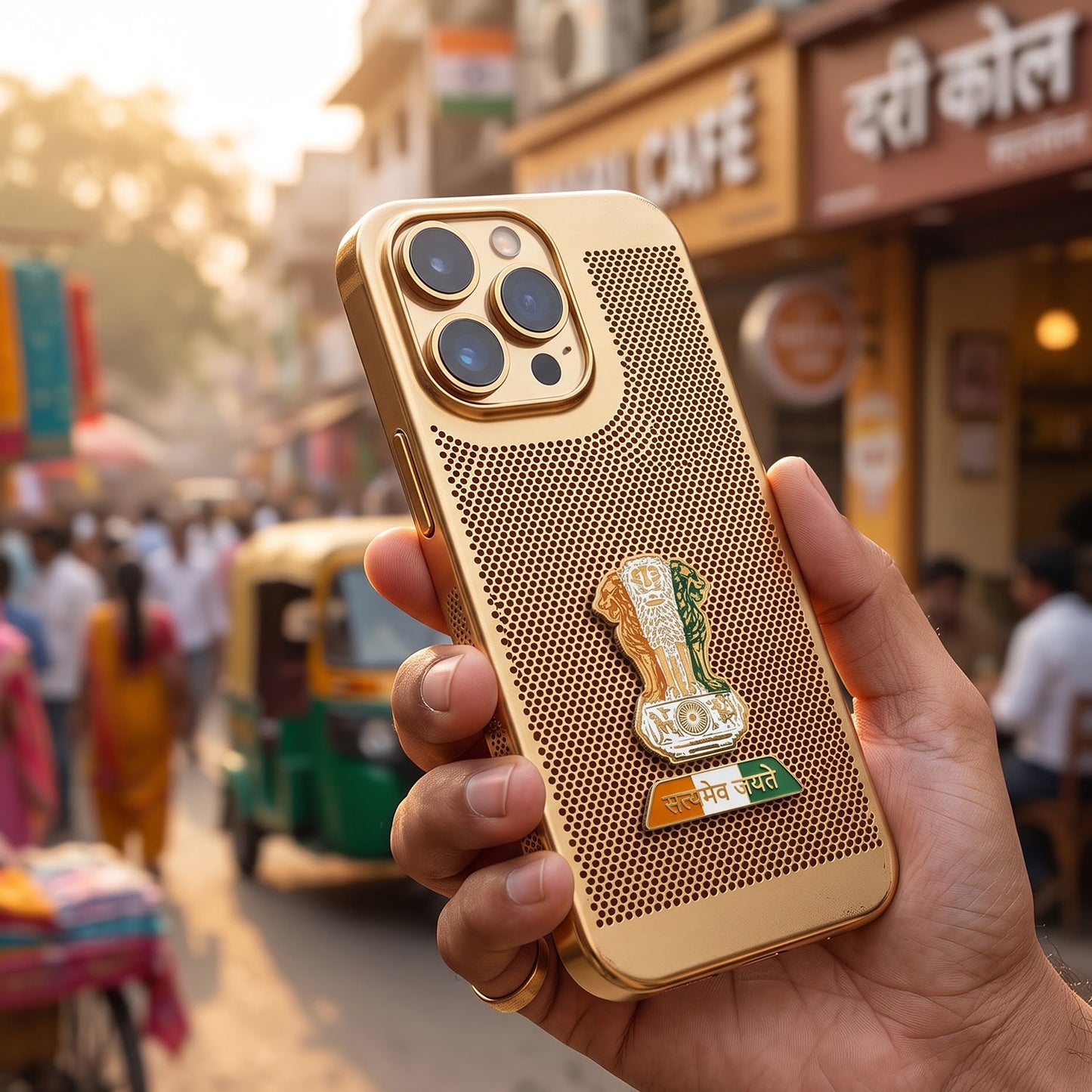 iPhone 14 Pro Max 5G Tri-Color Satyamev Jayate Mesh Electroplated Heat Dissipation Case