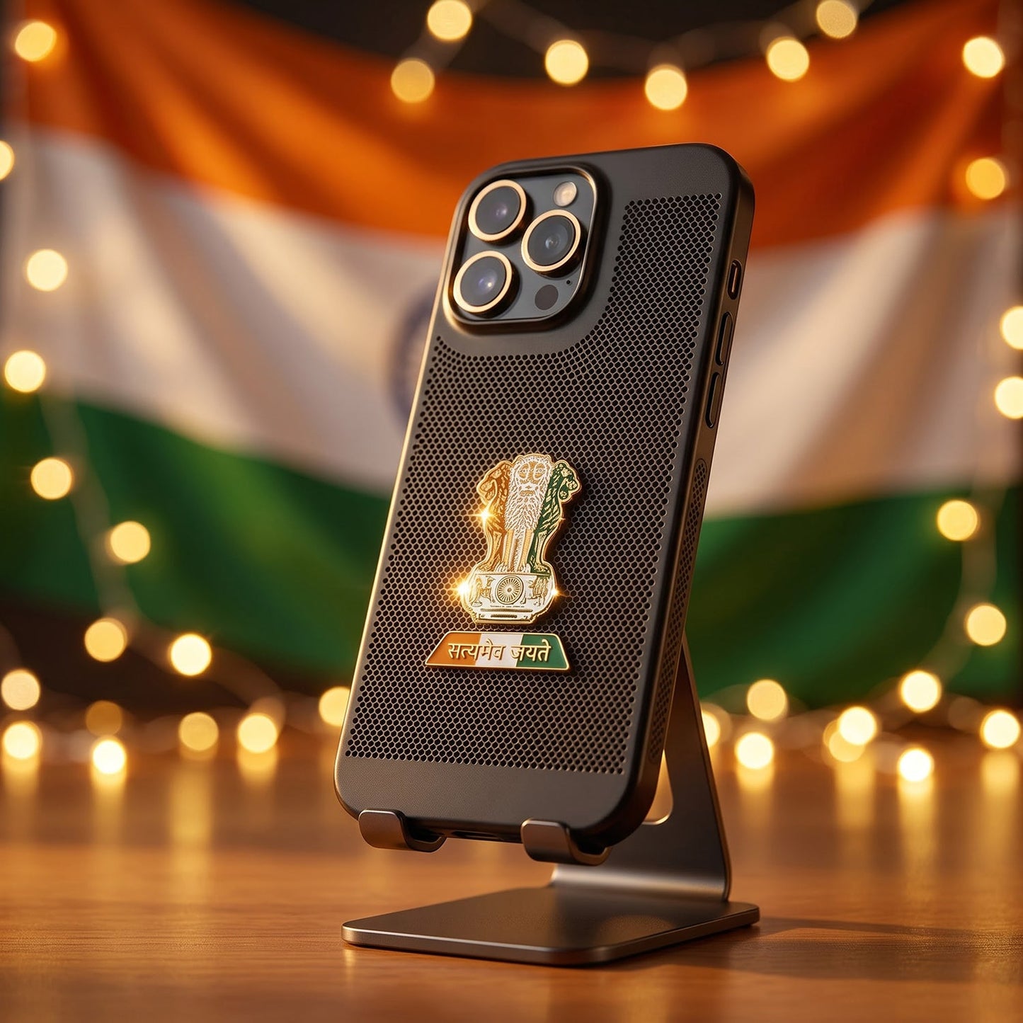 iPhone 15 Pro Max 5G Tri-Color Satyamev Jayate Mesh Electroplated Heat Dissipation Case