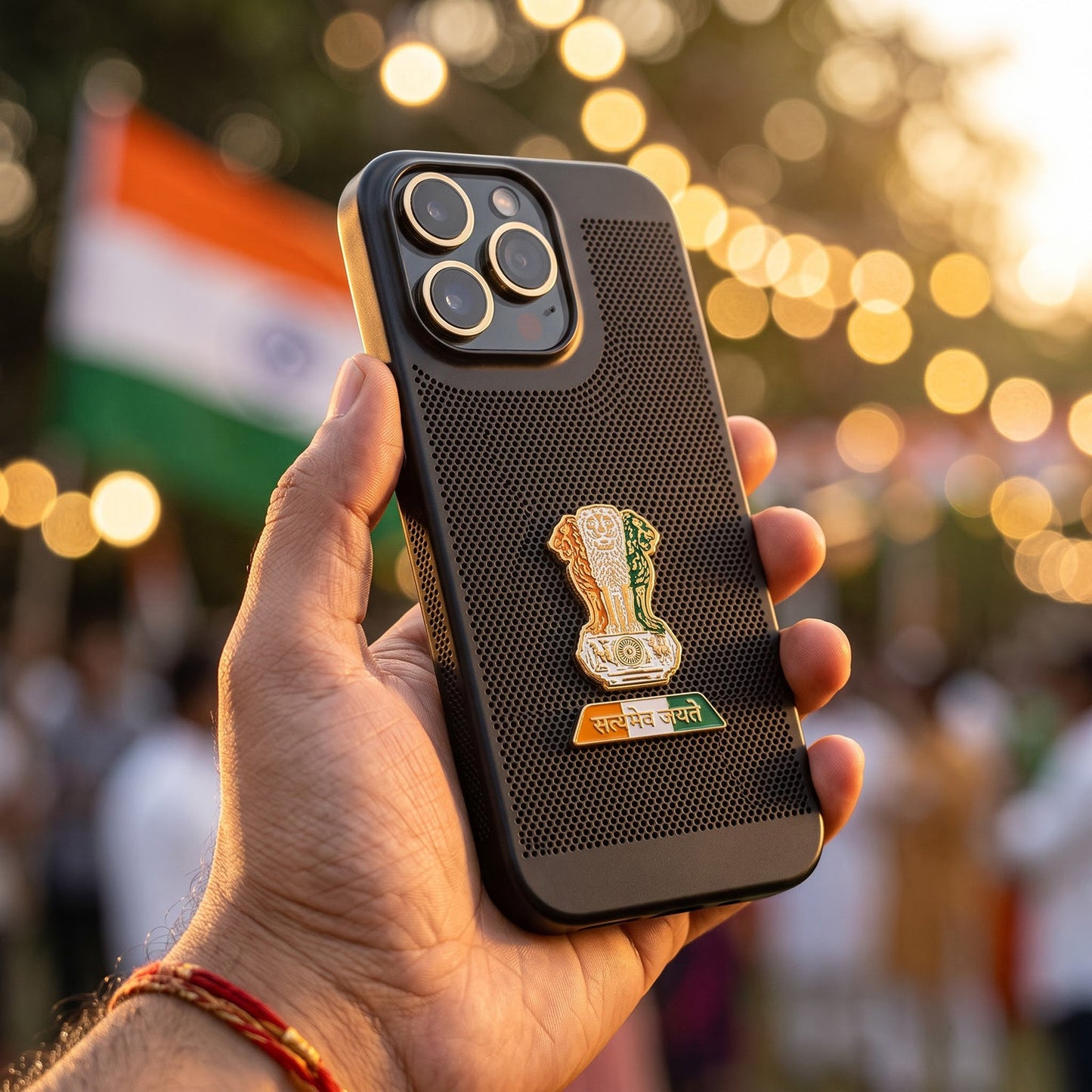 iPhone 14 Pro Max 5G Tri-Color Satyamev Jayate Mesh Electroplated Heat Dissipation Case