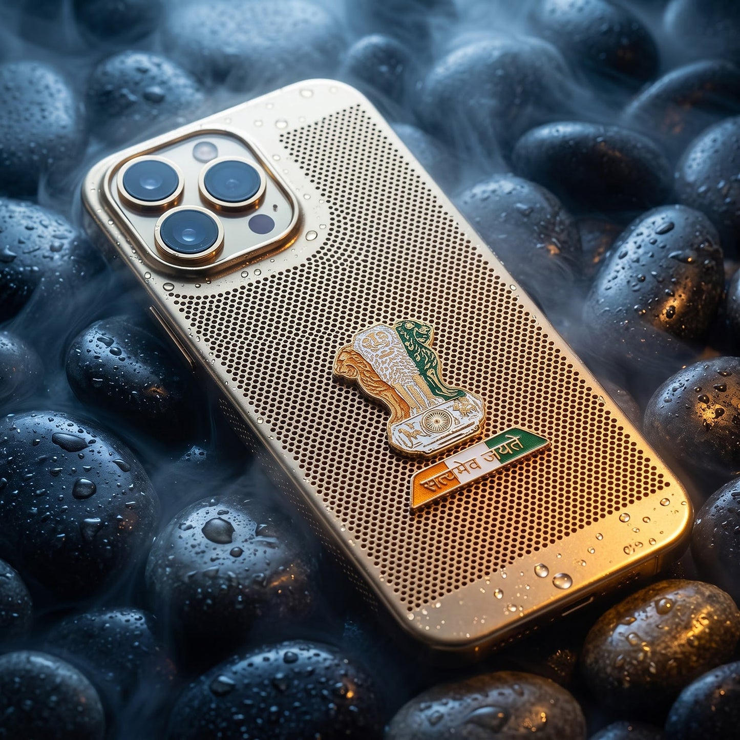 iPhone 14 Pro Max 5G Tri-Color Satyamev Jayate Mesh Electroplated Heat Dissipation Case