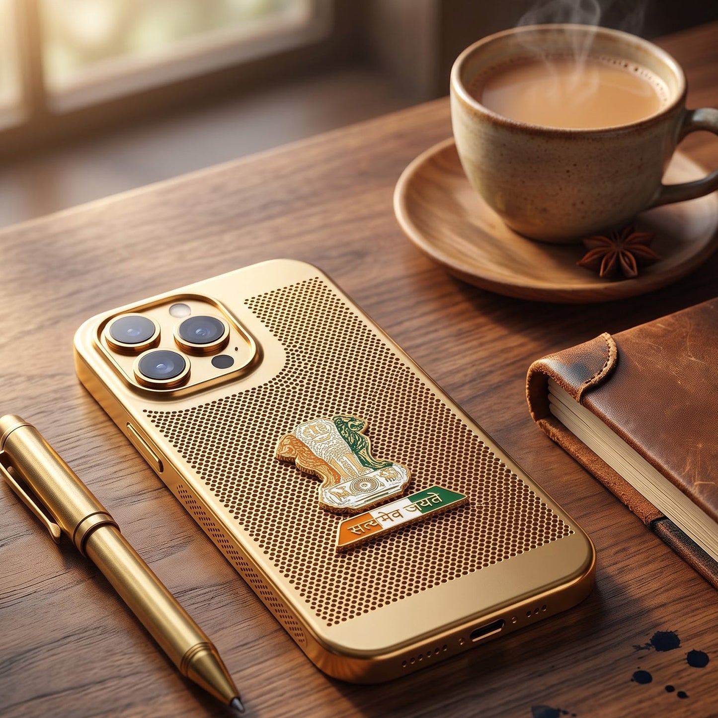 iPhone 14 Pro Max 5G Tri-Color Satyamev Jayate Mesh Electroplated Heat Dissipation Case