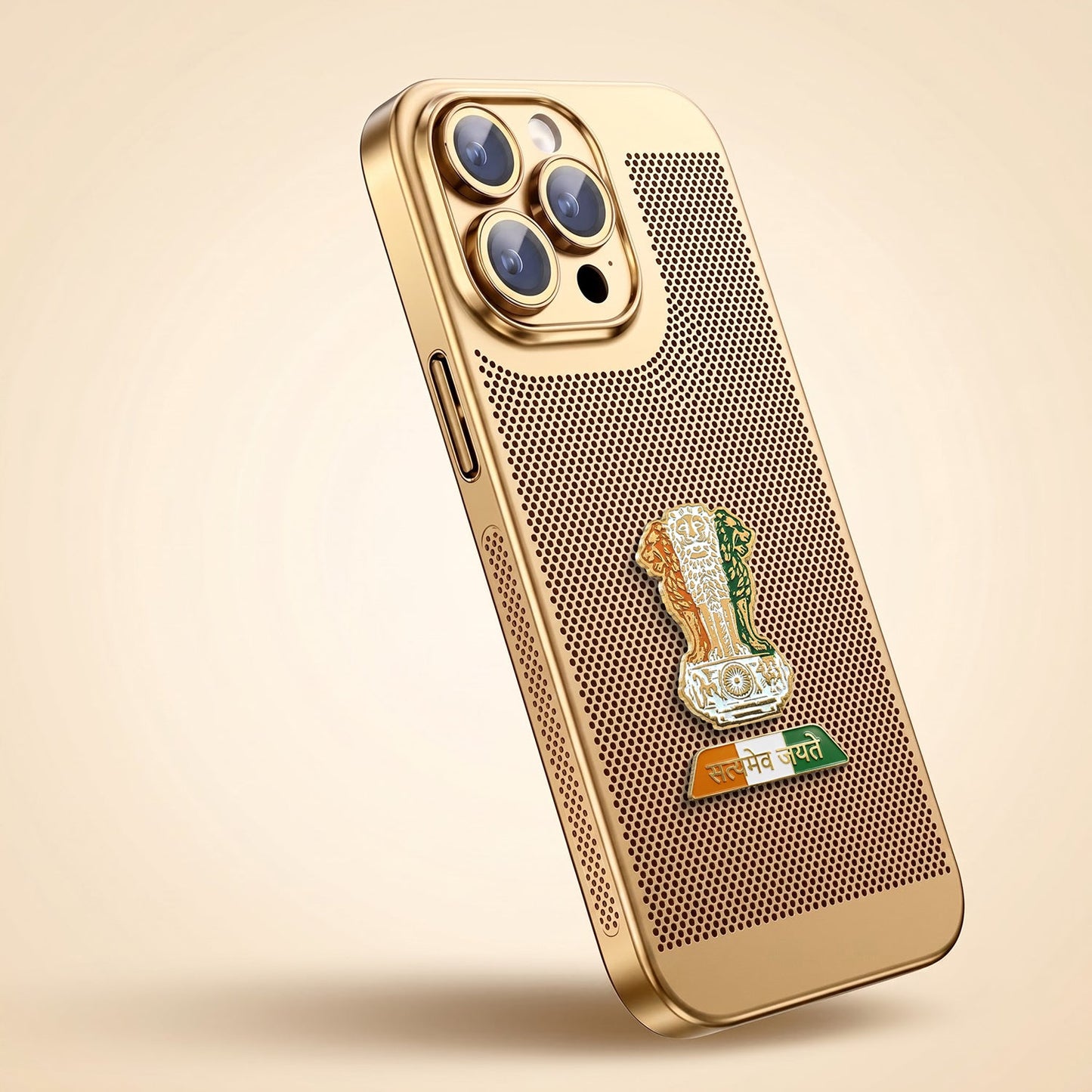 iPhone 14 Pro Max 5G Tri-Color Satyamev Jayate Mesh Electroplated Heat Dissipation Case