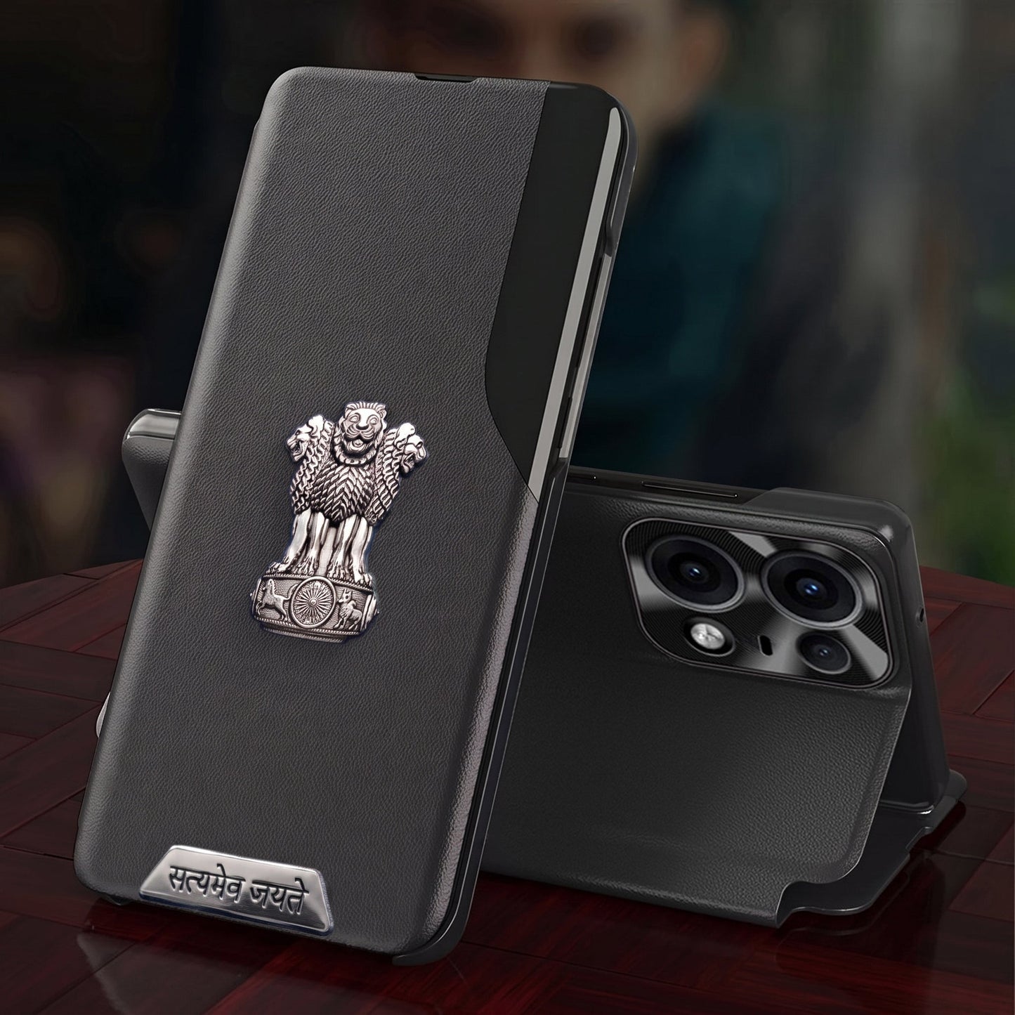 Motorola Edge 50 Pro 5G Metal Satyamev Jayate 2-in-1 Emblem Half-Window Leather Flip Case