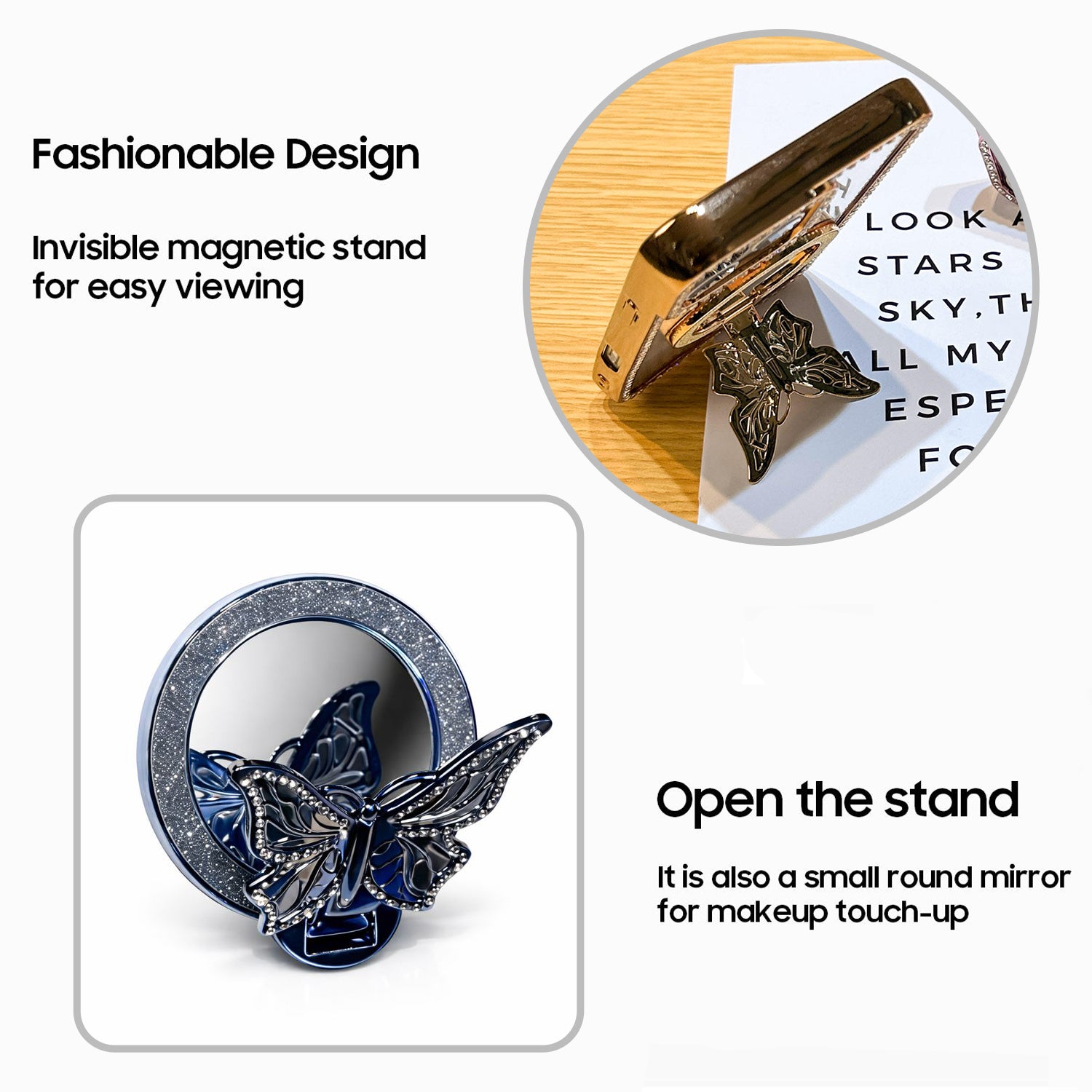 Butterfly-shaped magnetic stand with round mirror on a white background