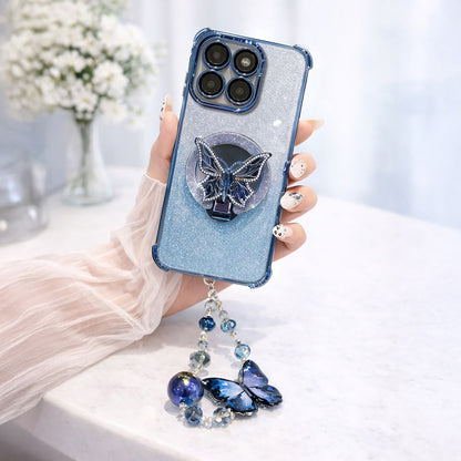 Motorola Edge 60 Pro 5G Phone case with butterfly design and decorative chain held by a hand.