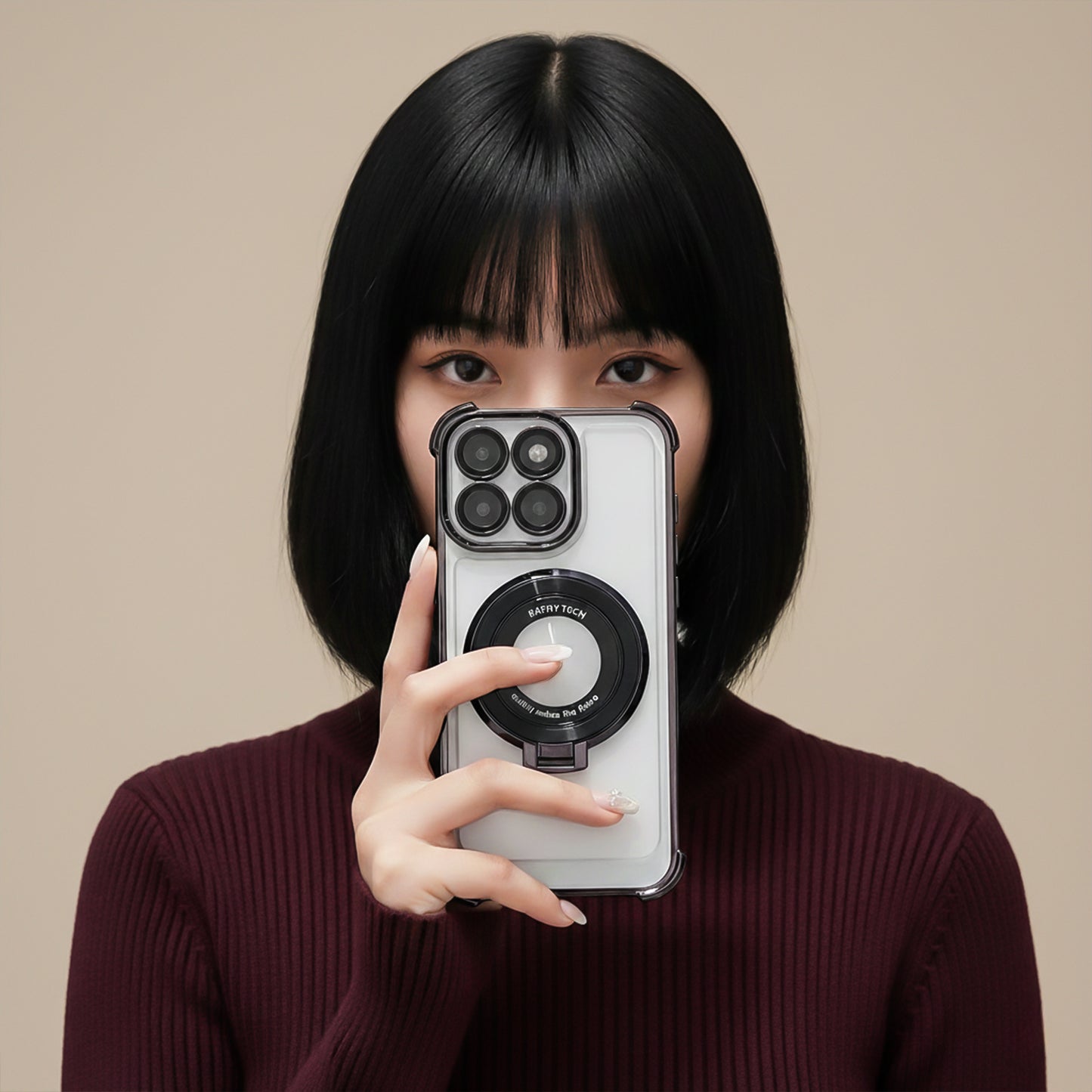 Person holding a Motorola Edge 60 Pro 5G phone with a camera lens design against a beige background