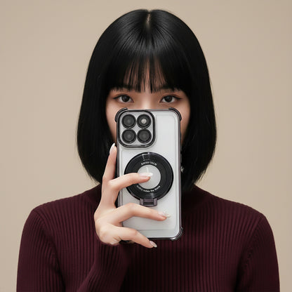 Person holding a Motorola Edge 60 Pro 5G phone with a camera lens design against a beige background
