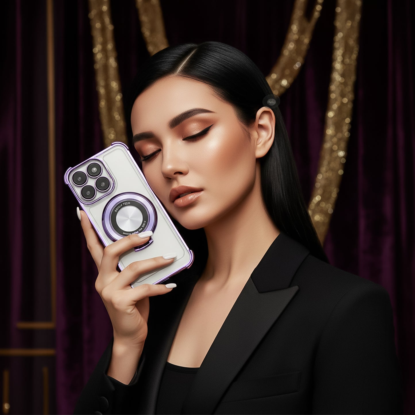 Woman holding a Motorola Edge 60 Pro 5G smartphone with a decorative background