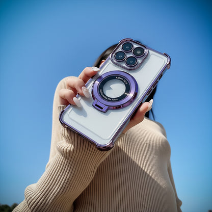 Person holding a Motorola Edge 60 Pro 5G phone with a purple case against a clear blue sky
