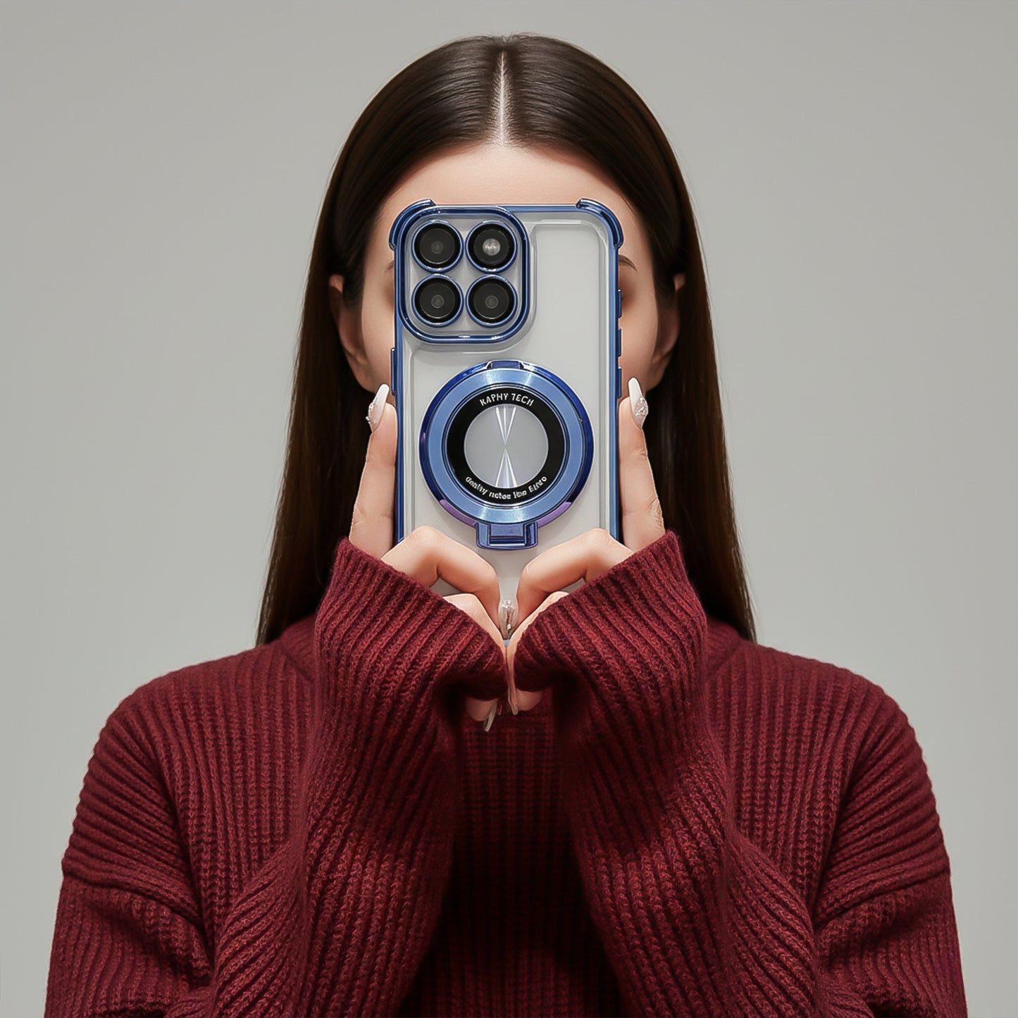 Person holding a Motorola Edge 60 Pro 5G phone case with a unique design against a gray background