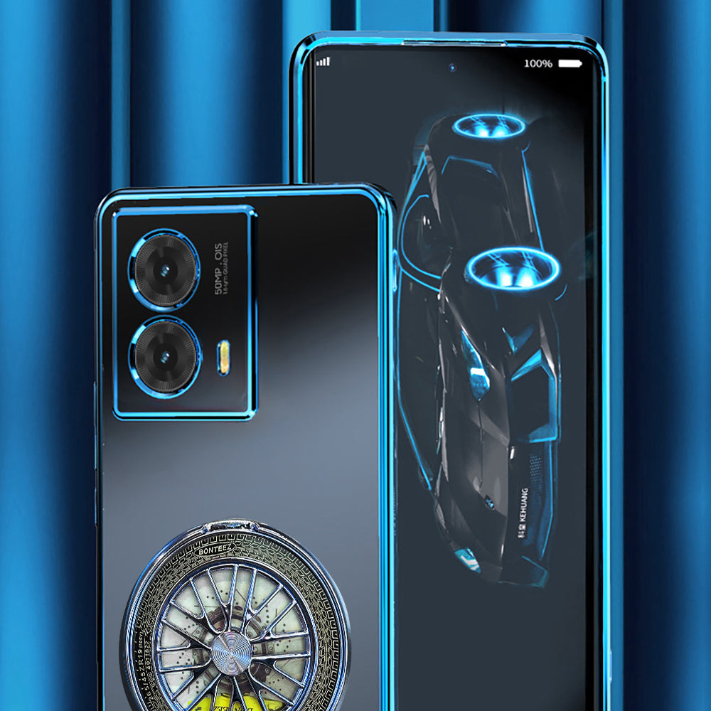 Two smartphones with futuristic design elements on a blue background