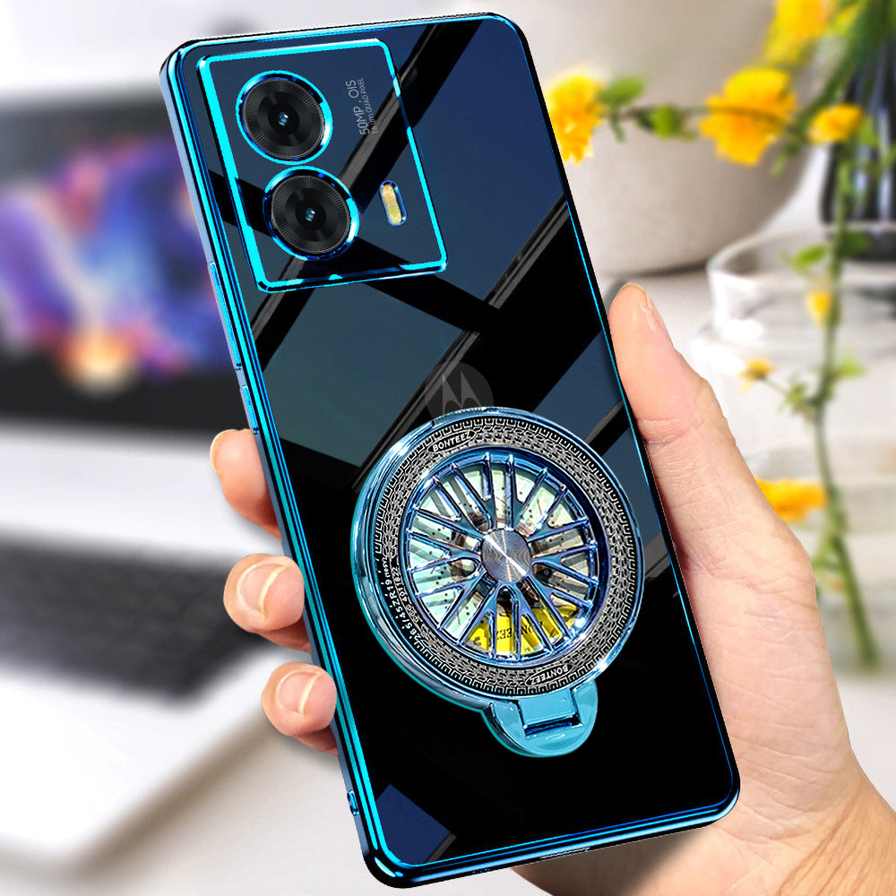 Blue smartphone with car wheel design held by a hand, blurred background