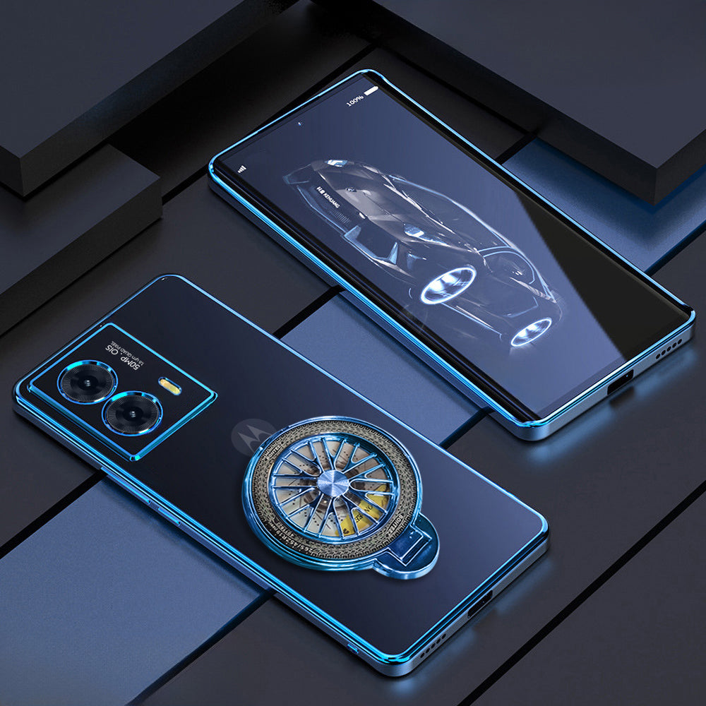 Two smartphones on a dark surface with a car design on the screen.