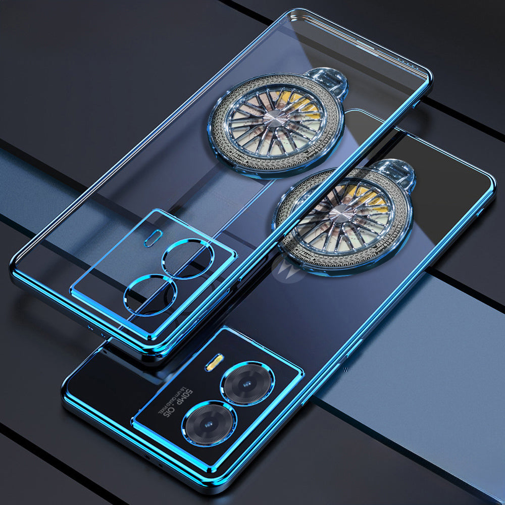 Motorola Edge 50 Fusion 5G Phone case with a reflective surface and embedded design on a dark wooden surface