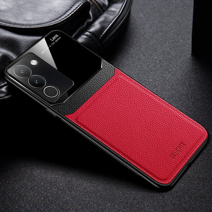 A red and black protective case for a Vivo Y200 5G smartphone, featuring a leather lens design.