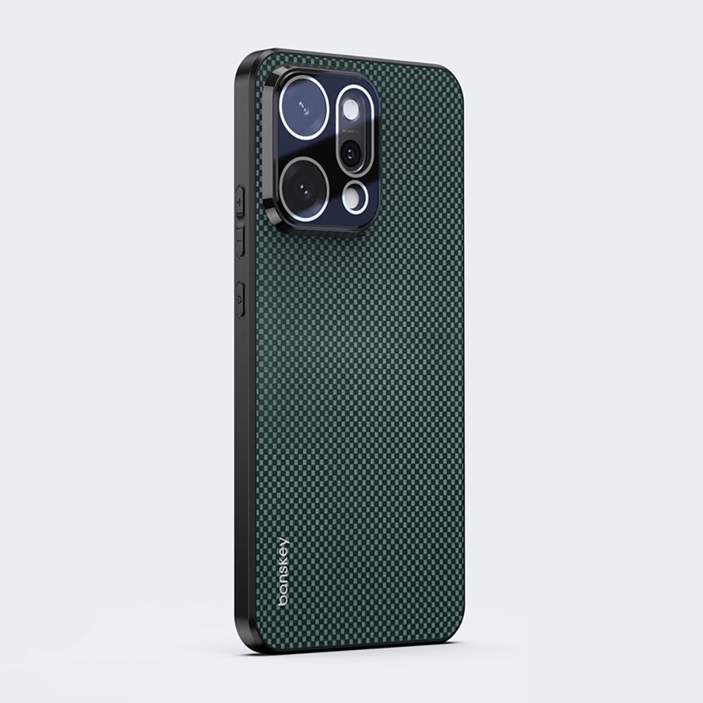 Oppo Reno 14 5G Green phone case with carbon fiber texture on a light gray background