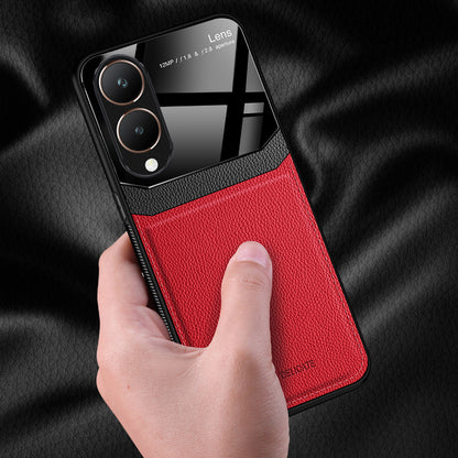 A red and black colored mobile phone case with a leather finish and a protective edge around the phone's camera and screen.