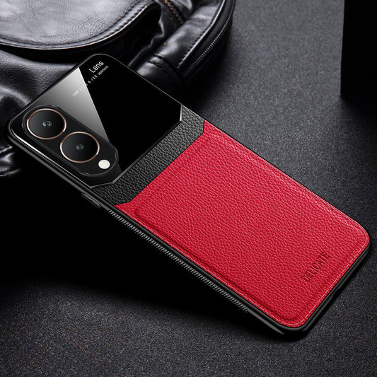 A red and black colored mobile phone case with a leather finish and a protective edge around the phone's camera and screen.