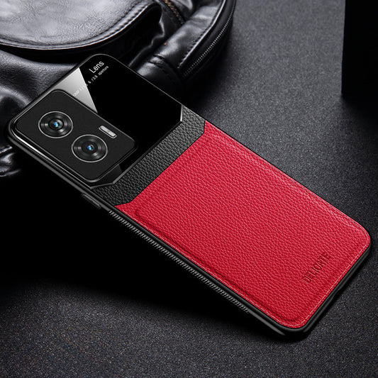 A premium leather smartphone case with a red and black color scheme, featuring a matte back design and a camera lens protection feature.