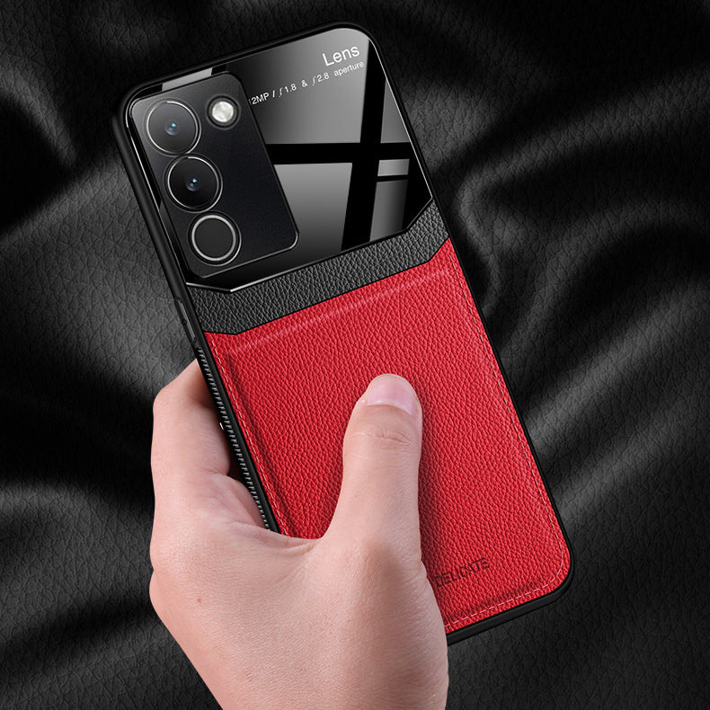 A red and black protective case for a Vivo Y200 5G smartphone, featuring a leather lens design.
