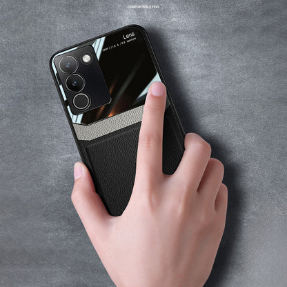 A black protective case for a Vivo Y200 5G smartphone, featuring a leather lens design.