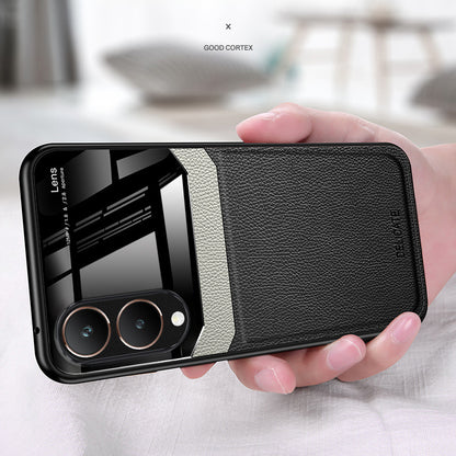 all black colored mobile phone case with a leather finish and a protective edge around the phone's camera and screen.